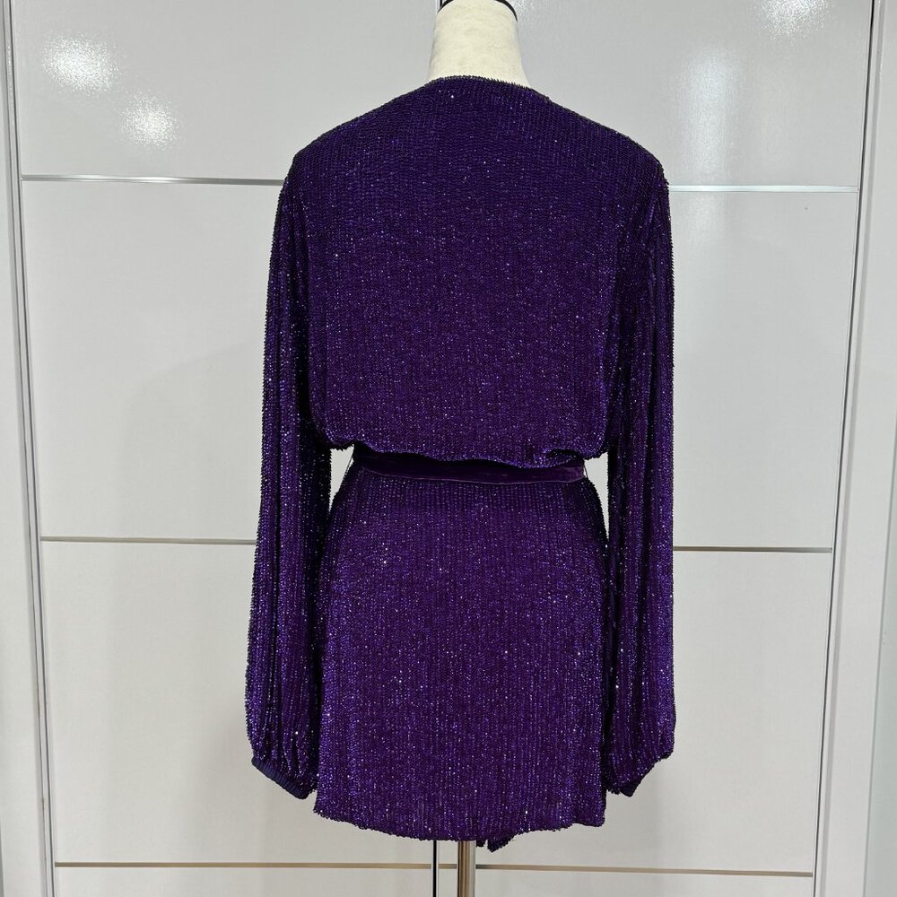 Retrofête gabrielle velvet-trimmed sequined chiffon mini wrap dress, Size M - Picture 3 of 13